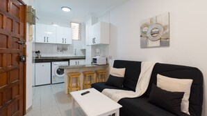 Ein kompakter Wohnraum mit einer Küchenzeile, einem schwarzen Sofa mit Kissen, einem weißen Couchtisch und einer Holztür.