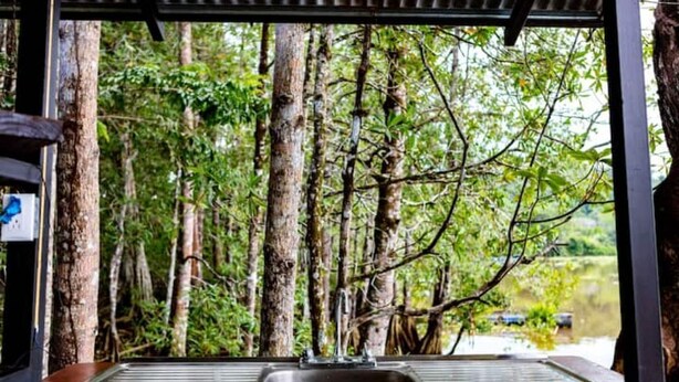 Un espace extérieur rustique aménagé avec un évier en métal, entouré d’arbres et d’une structure en bois.