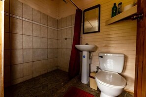 Douche, serviettes fournies, savon, shampoing