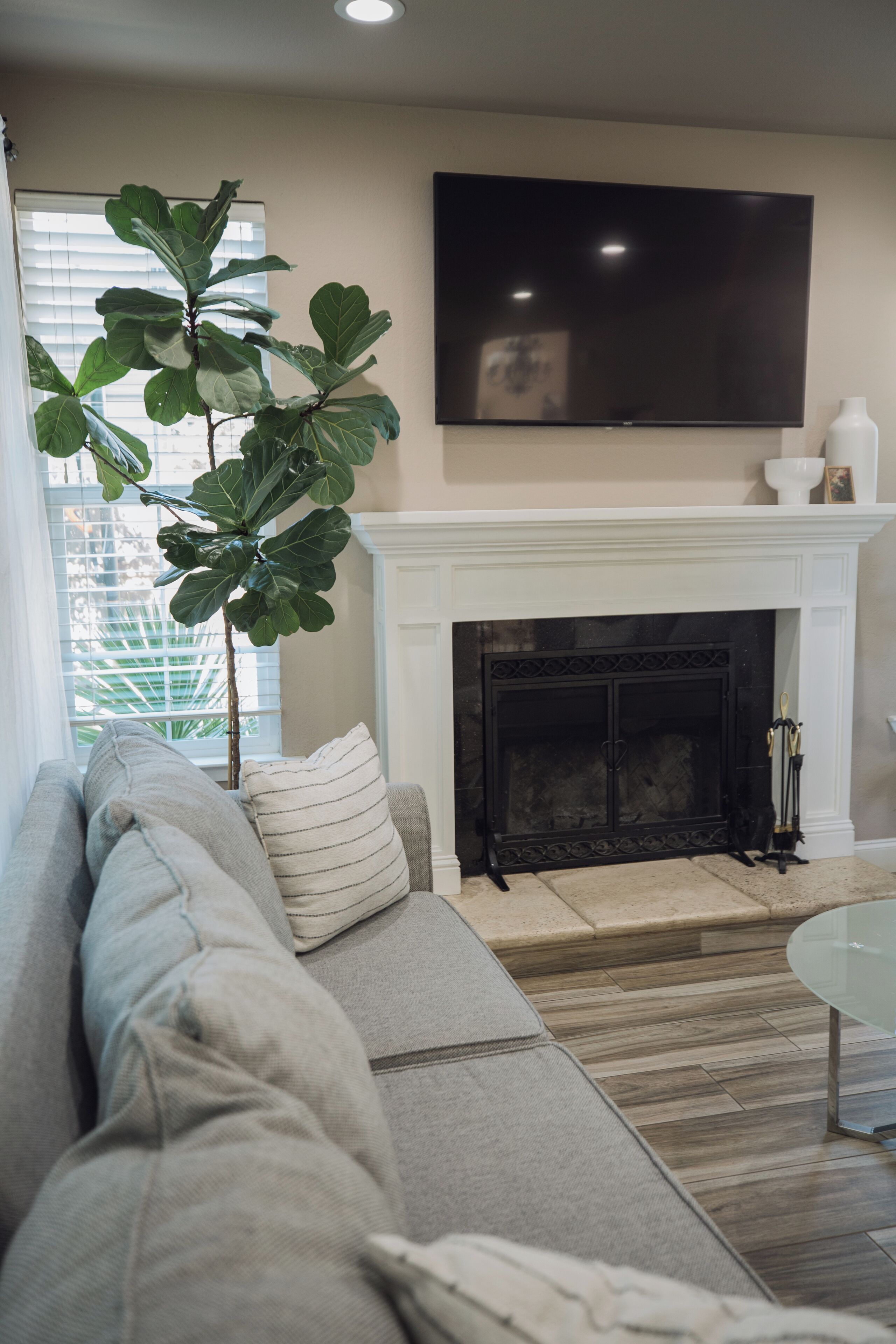 スマートテレビ、暖炉、書庫、ステレオ