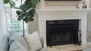 Smart TV, caminetto, libri, impianto stereo