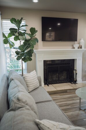 Smart TV, chimenea, libros, estéreo