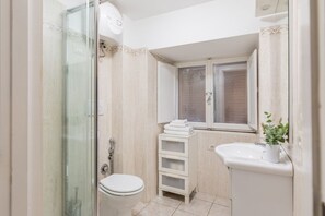 Shower, hair dryer, bidet, towels