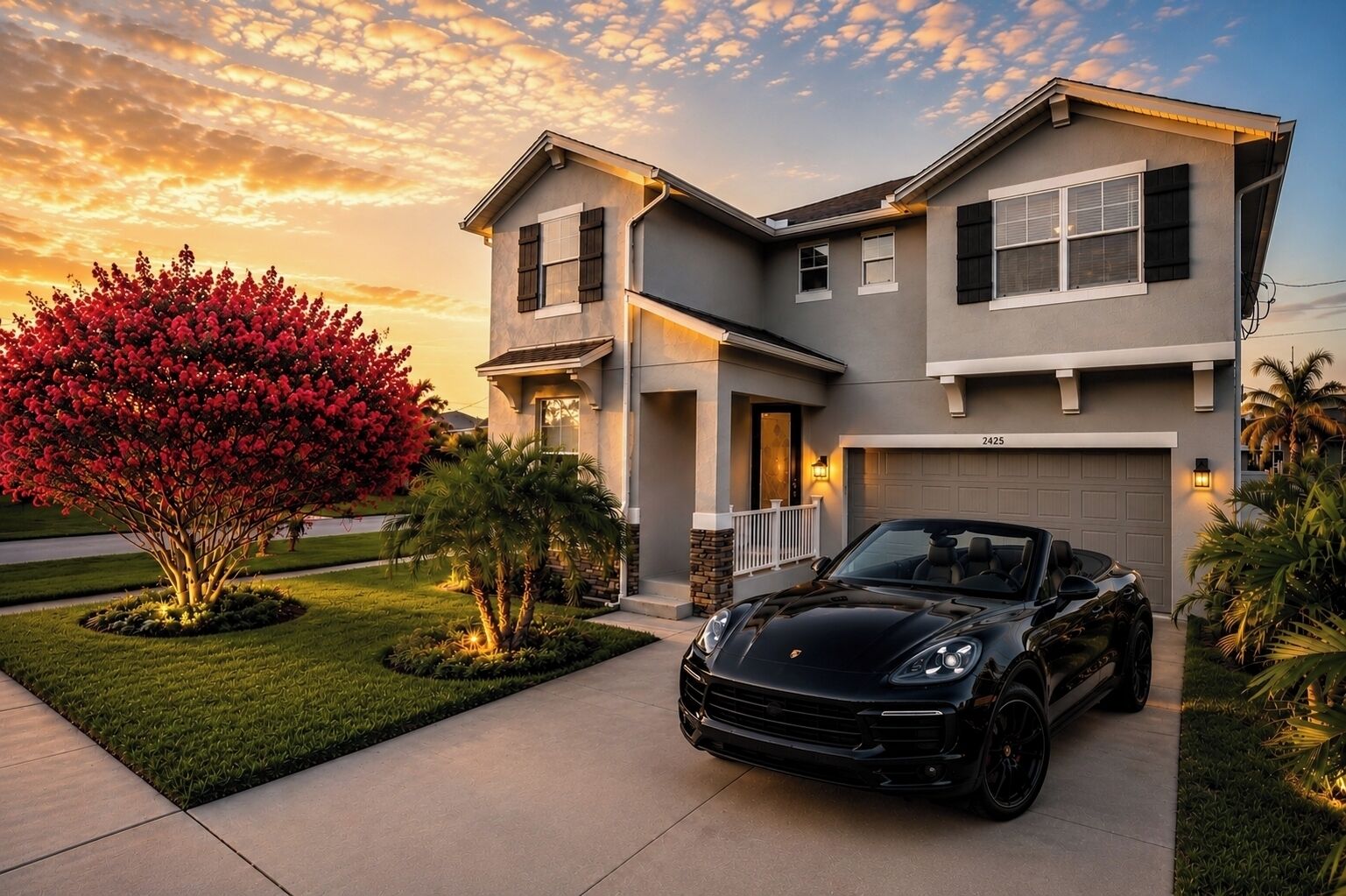 A two-story house with a garage, a driveway, and a black convertible parked in front.