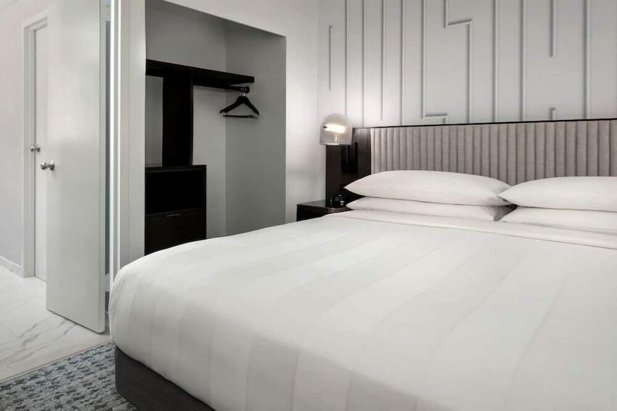 Una habitación de hotel moderna con una cama grande, una mesita de noche con lámpara y un armario con perchero.