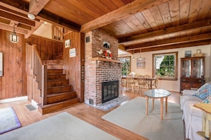 TV, fireplace, books, video library