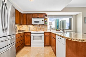 Fridge, microwave, coffee/tea maker, cookware/dishes/utensils