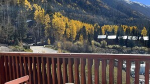 Un balcon avec une table et des chaises, donnant sur un paysage montagneux aux couleurs automnales.