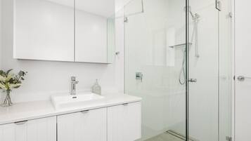 Shower, hair dryer, towels