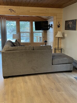 Smart TV, chimenea y libros 