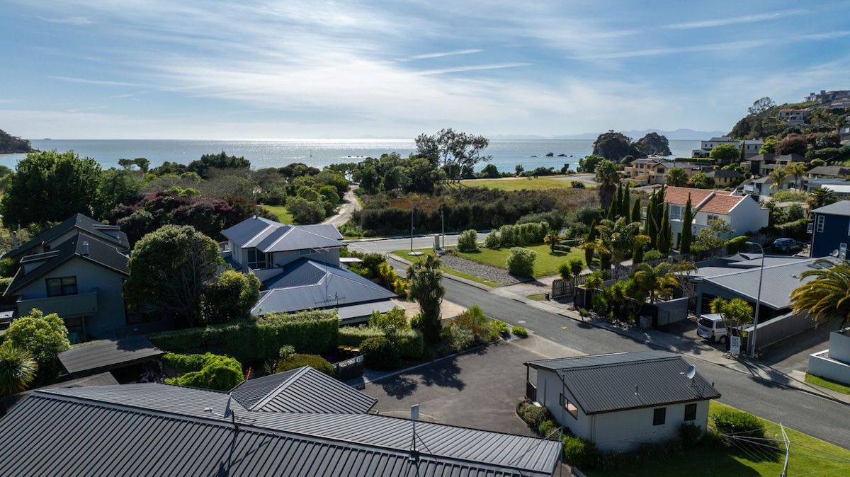 A residential area with houses, a road, and a view of the sea.