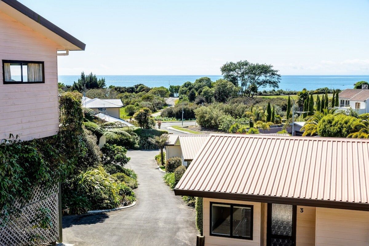 A residential area with a paved driveway leading to a house with a metal roof.