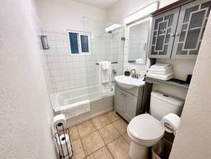 Hair dryer, towels, soap, shampoo