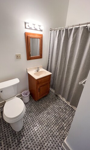 Hair dryer, towels, soap, toilet paper