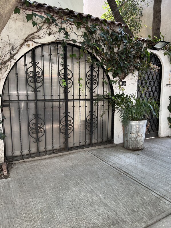 A gated entrance with a wrought iron gate and a potted plant beside it.