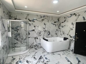 Regadera, secadora de cabello, bidet, toallas