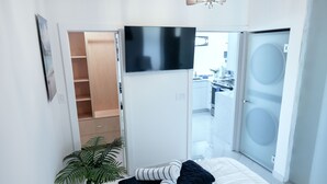A modern bedroom with a bed, a TV, a plant, and a wardrobe. - Dolphin Suites  (St. John)