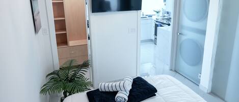 A modern bedroom with a bed, a TV, a plant, and a wardrobe.
