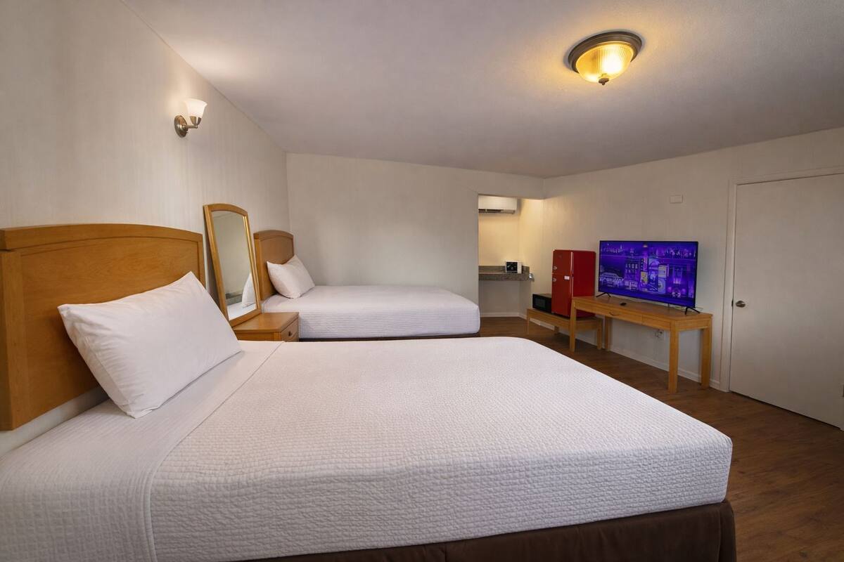 A hotel room with two single beds, a wooden headboard, a bedside table, a mirror, a TV, a small kitchenette, and a door.