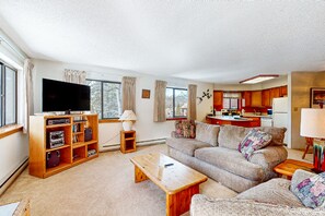 Televisión, chimenea, reproductor de DVD y videoteca 