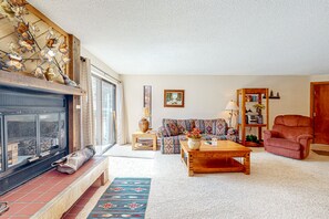 Televisio, takka, DVD-soitin, kirjoja