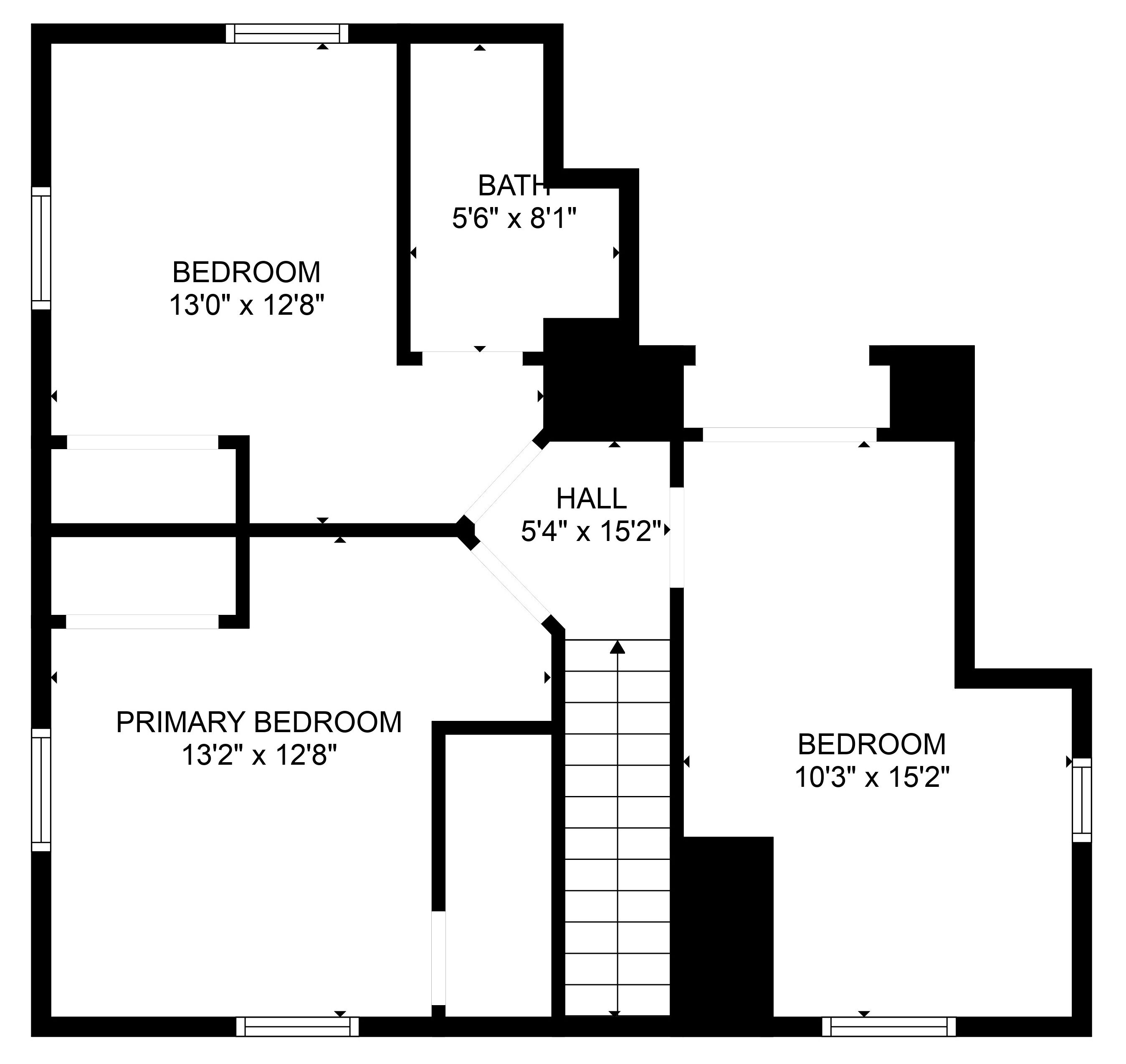A floor plan of a house with a primary bedroom measuring 13'2" x 12'8", a secondary bedroom measuring 10'3" x 15'2", a bathroom measuring 5'6" x 8'1", and a hall measuring 5'4" x 15'2".