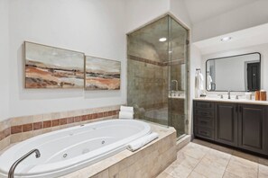 Shower, hair dryer, towels, shampoo