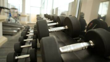 Una hilera de mancuernas negras con mangos plateados en un gimnasio.