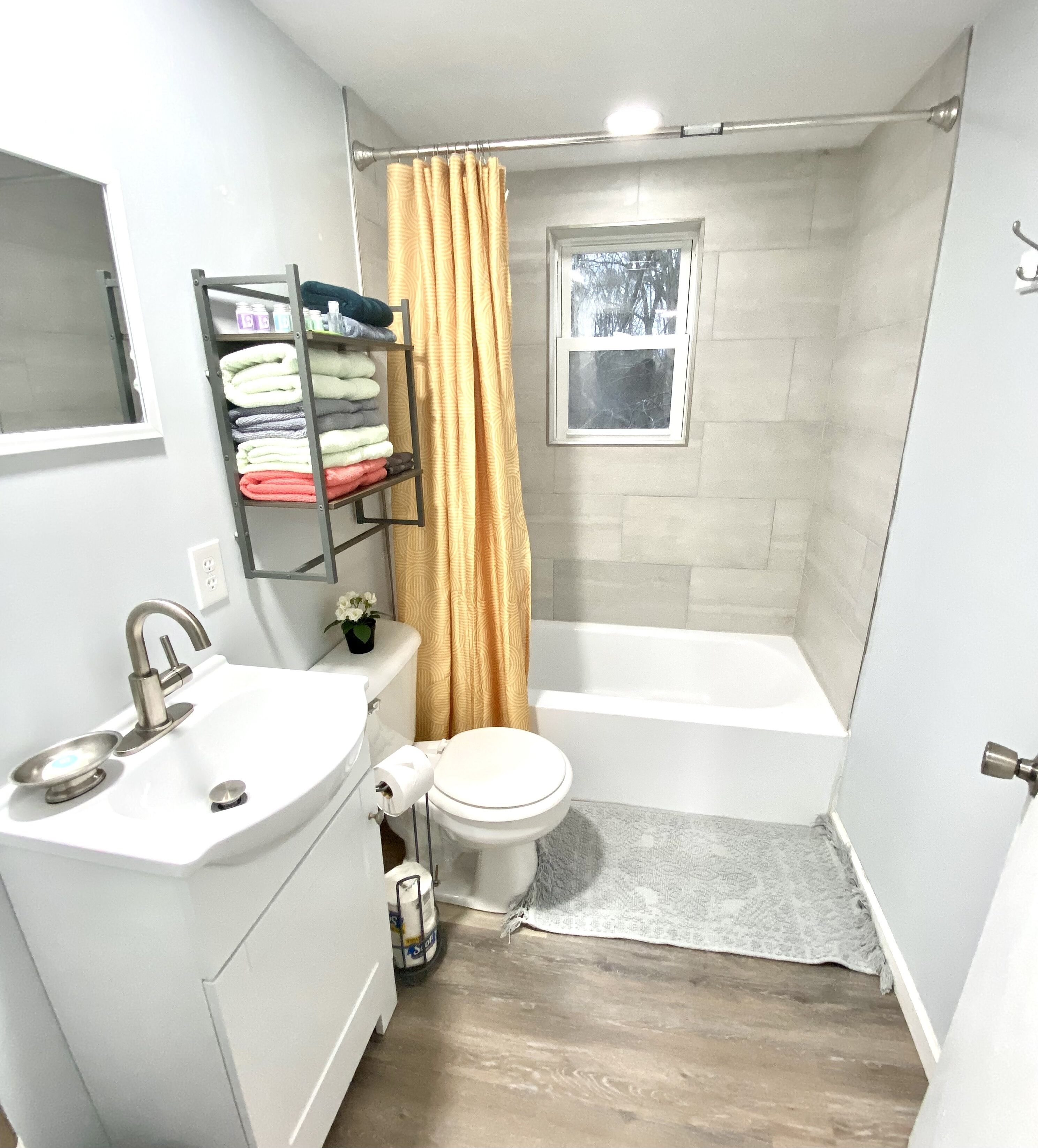 Hair dryer, towels, soap, shampoo