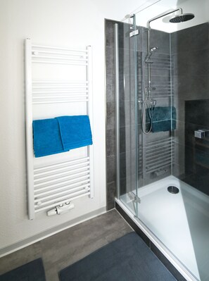 Shower, hair dryer, slippers, towels - Moderne Ferienwohnung in Alter Villa am Rande des Thüringer Waldes (Georgenthal/Thüringer Wald)
