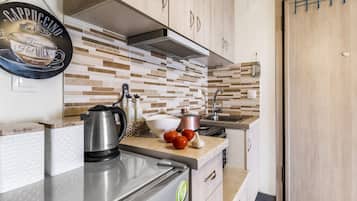 Fridge, oven, stovetop, coffee/tea maker