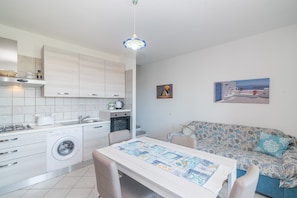 A modern kitchen with a washing machine, dining table, and sofa.