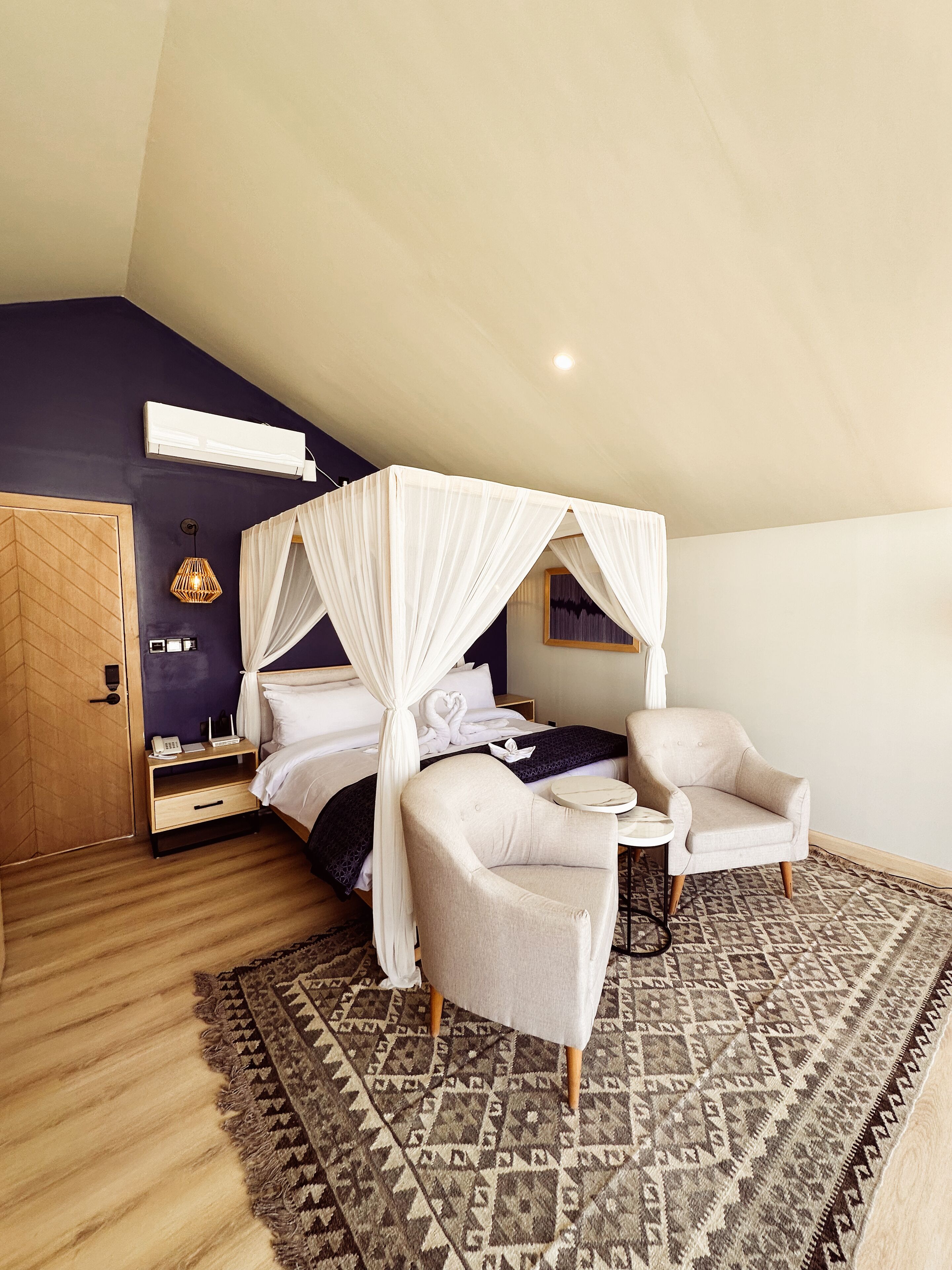 A bedroom with a canopy bed, a bedside table with a lamp, a chair, and a patterned rug.