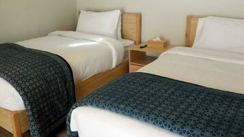 Habitación con dos camas, cada una con cabecero de madera, ropa de cama blanca y una mesita de noche con una caja de pañuelos.