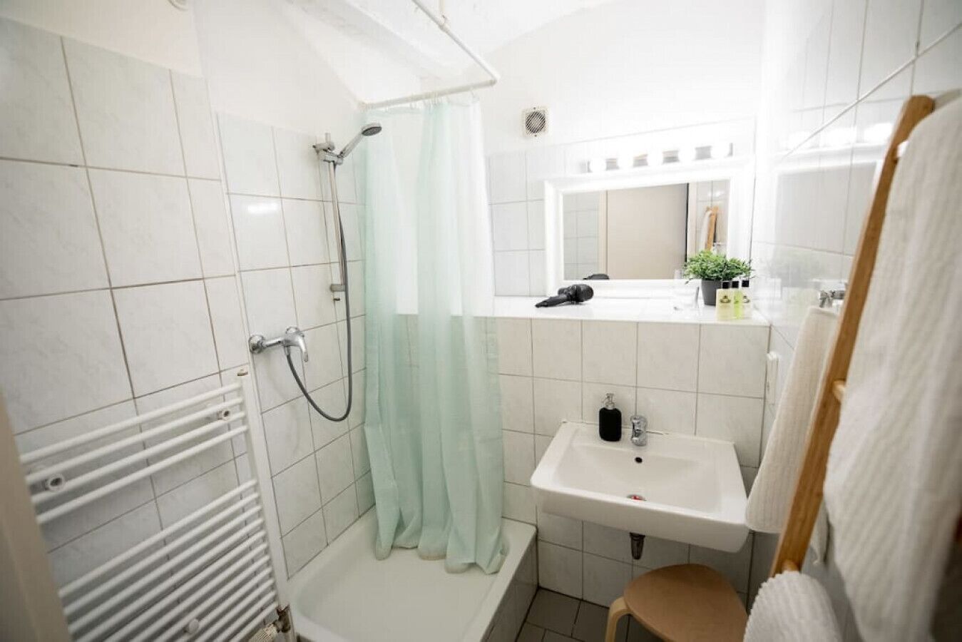 Hair dryer, towels, toilet paper