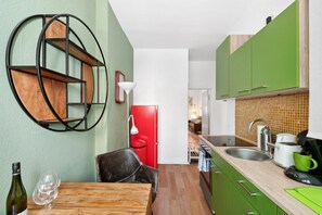 Fridge, dining tables