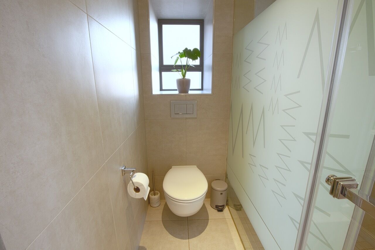 Un baño moderno con inodoro, una pequeña ventana con planta en maceta, un cesto de basura y una cabina de ducha de vidrio.