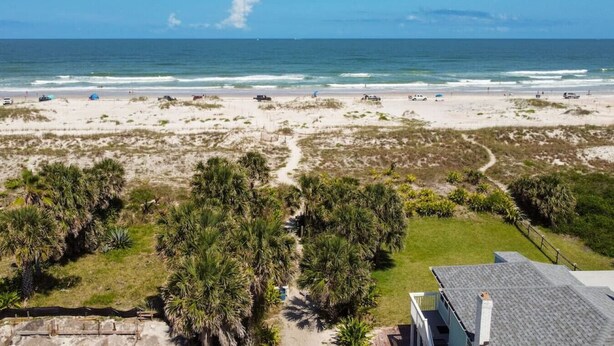 A beach view with a clear sky, sandy beach, and some vegetation in the foreground. - Sea Street - Holiday stays at the beach! (St. Augustine Beach)