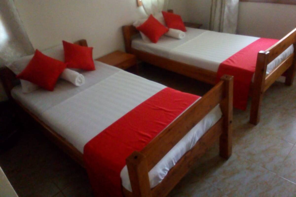 Una habitación con dos camas de madera, cada una con ropa de cama y almohadas rojas.