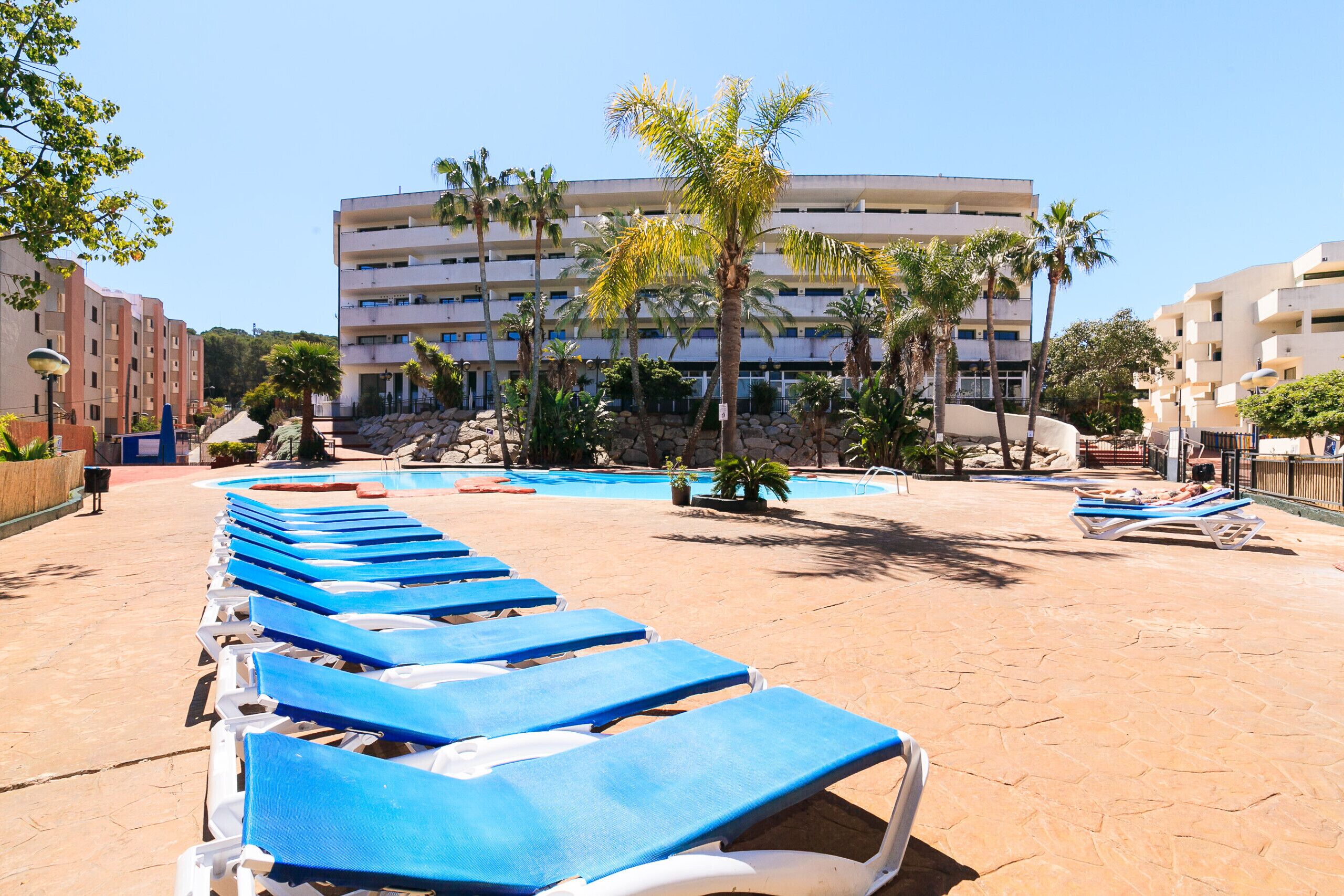 Un área junto a la piscina con sillas reclinables azules, una piscina, palmeras y un edificio de varios pisos al fondo.