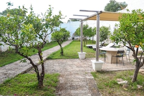 Een terras met een kiezelpad, een pergola en zitplaatsen buiten.