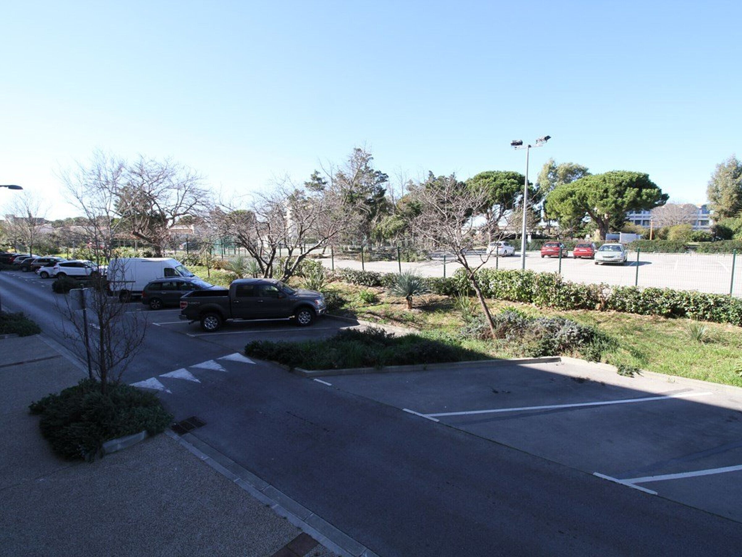 Un estacionamiento con varios automóviles y un camión, rodeado de vegetación y árboles.