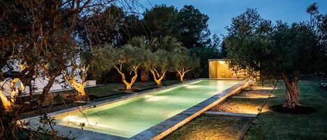 A rectangular swimming pool with a tiled edge, surrounded by well-maintained grass and trees.