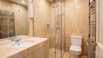 A modern bathroom with a glass-enclosed shower, a sink with a mirror, and a toilet.
