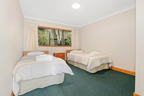 Ein Zimmer mit zwei Betten, einem Vorhangfenster und einem grünen Teppich.