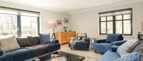 A spacious living room with two blue sofas, a coffee table, and a wooden cabinet.
