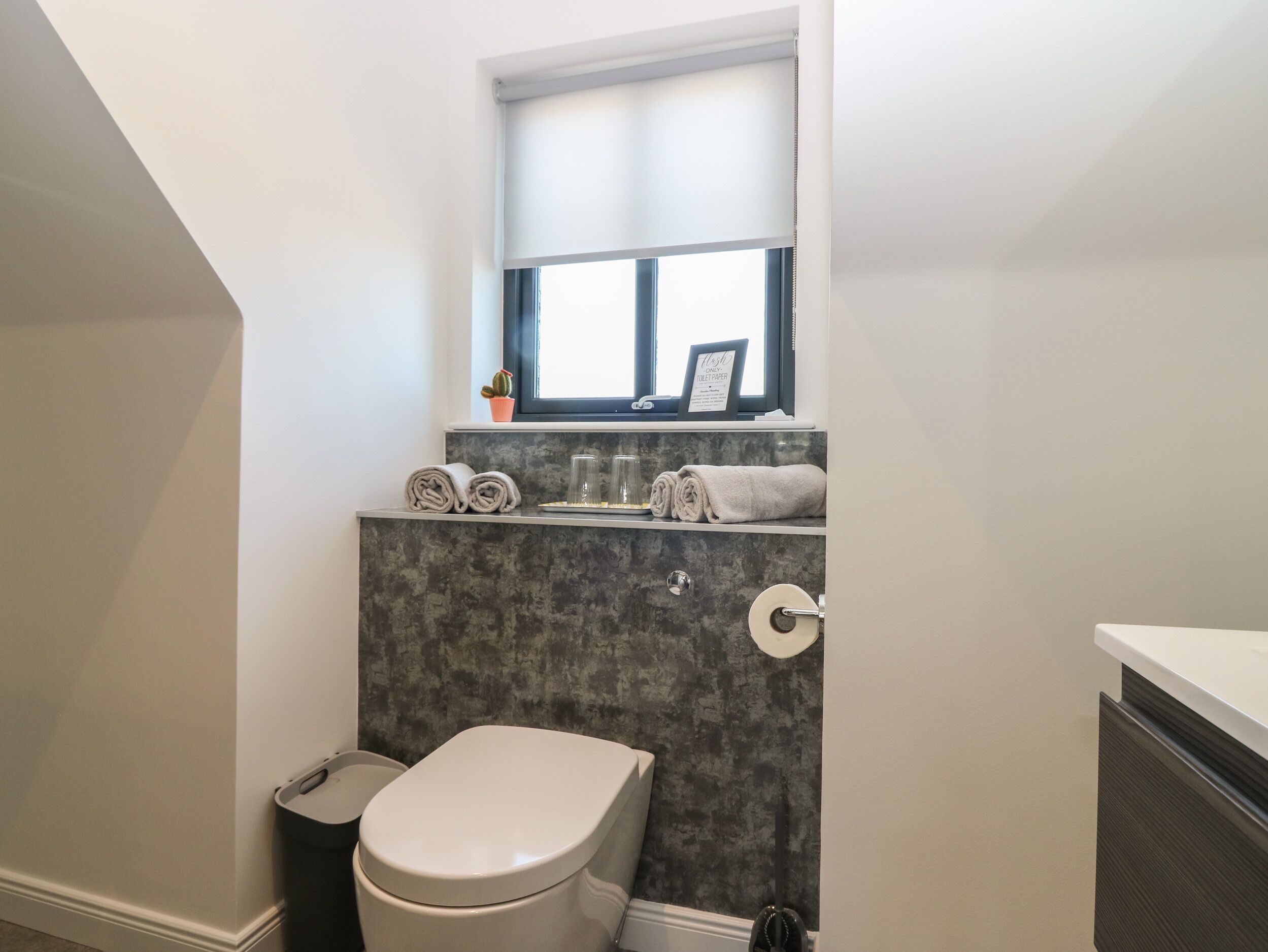 A bathroom with a toilet, a sink, and a window with a towel rack above it.