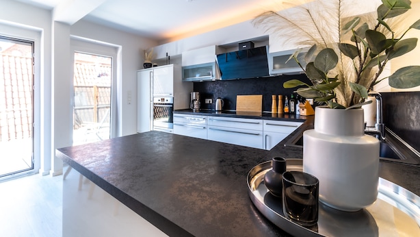A modern kitchen with a large island, white cabinets, and a potted plant. - Fewo am Schwanenteich mit Dachterrasse (Emden)
