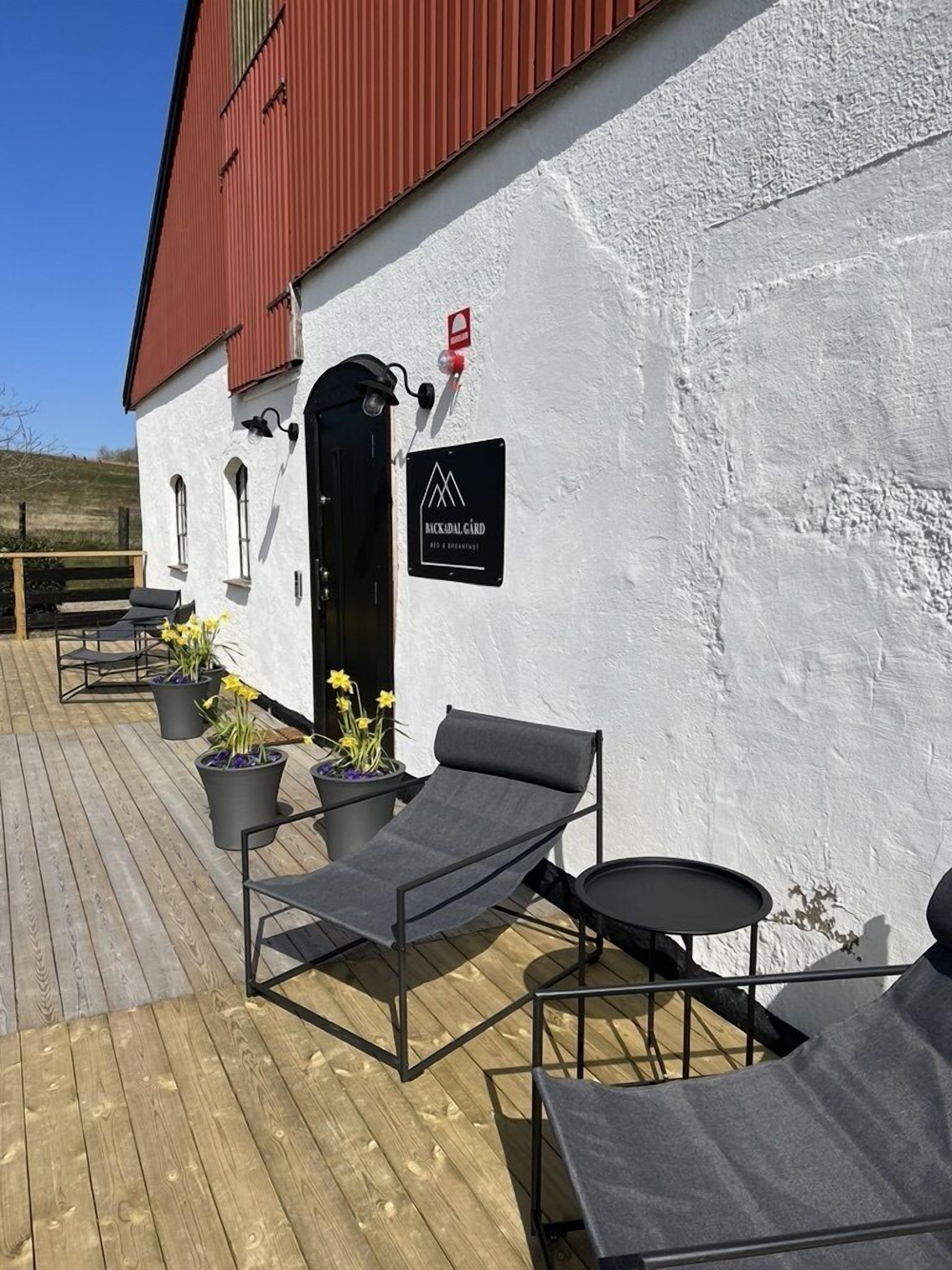 En byggnad med vit fasad och rött tak. Det finns en skylt på väggen med texten ”BACKALARD CARD”.