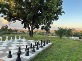 Un tablero de ajedrez al aire libre, con un árbol grande al fondo.
